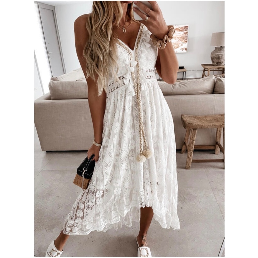 01 Boho Embroidered Floral Tassel Lace Cami Maxi Dress - Picture 1 of 10